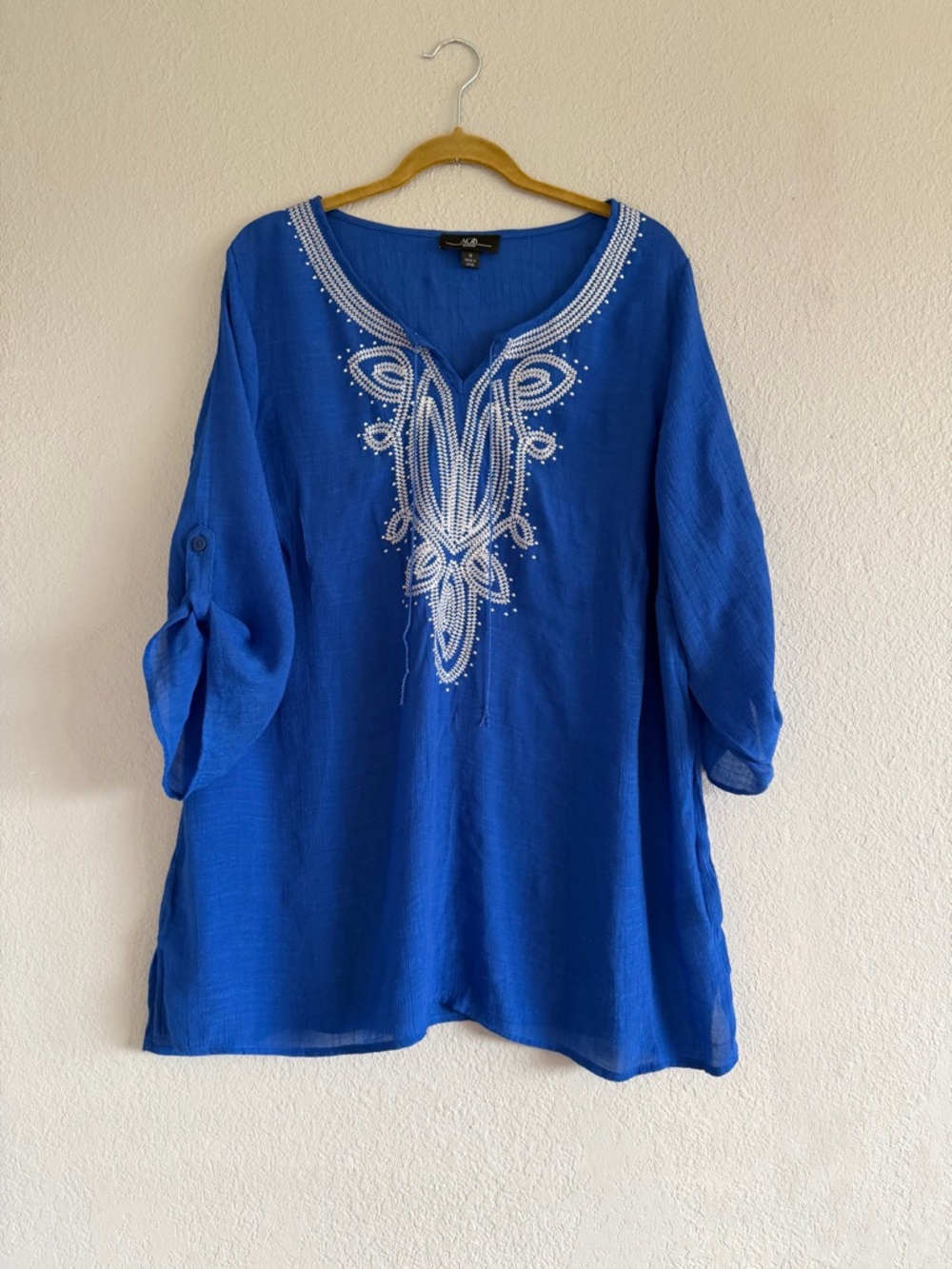 Royal Blue Embroidered Tunic Top 1X Boho Peasant Blouse Coastal Mediterranean